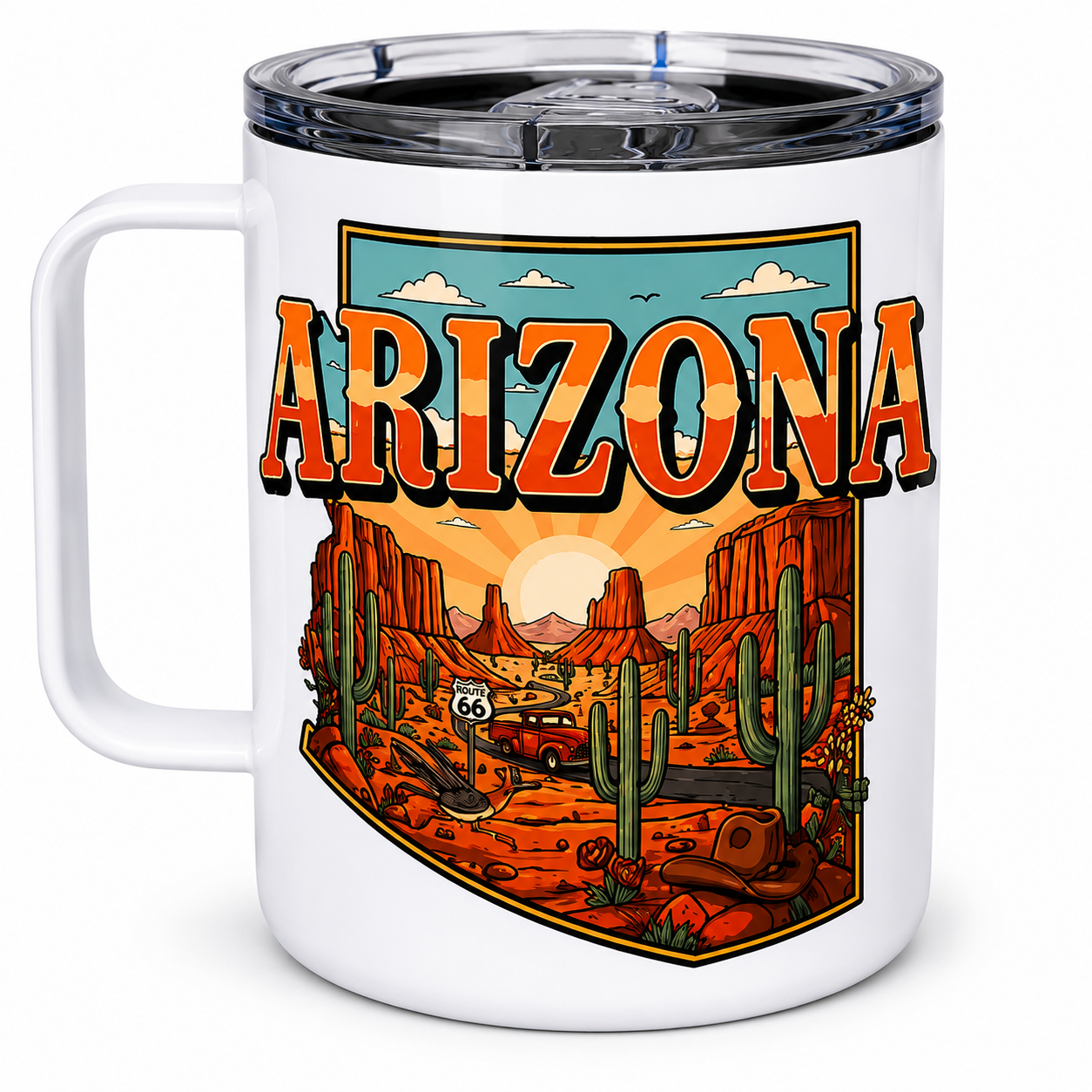 Insulated Travel Mug with Lid | Arizona Desert | Retro Southwest Coffee Mug | Route 66 Arizona