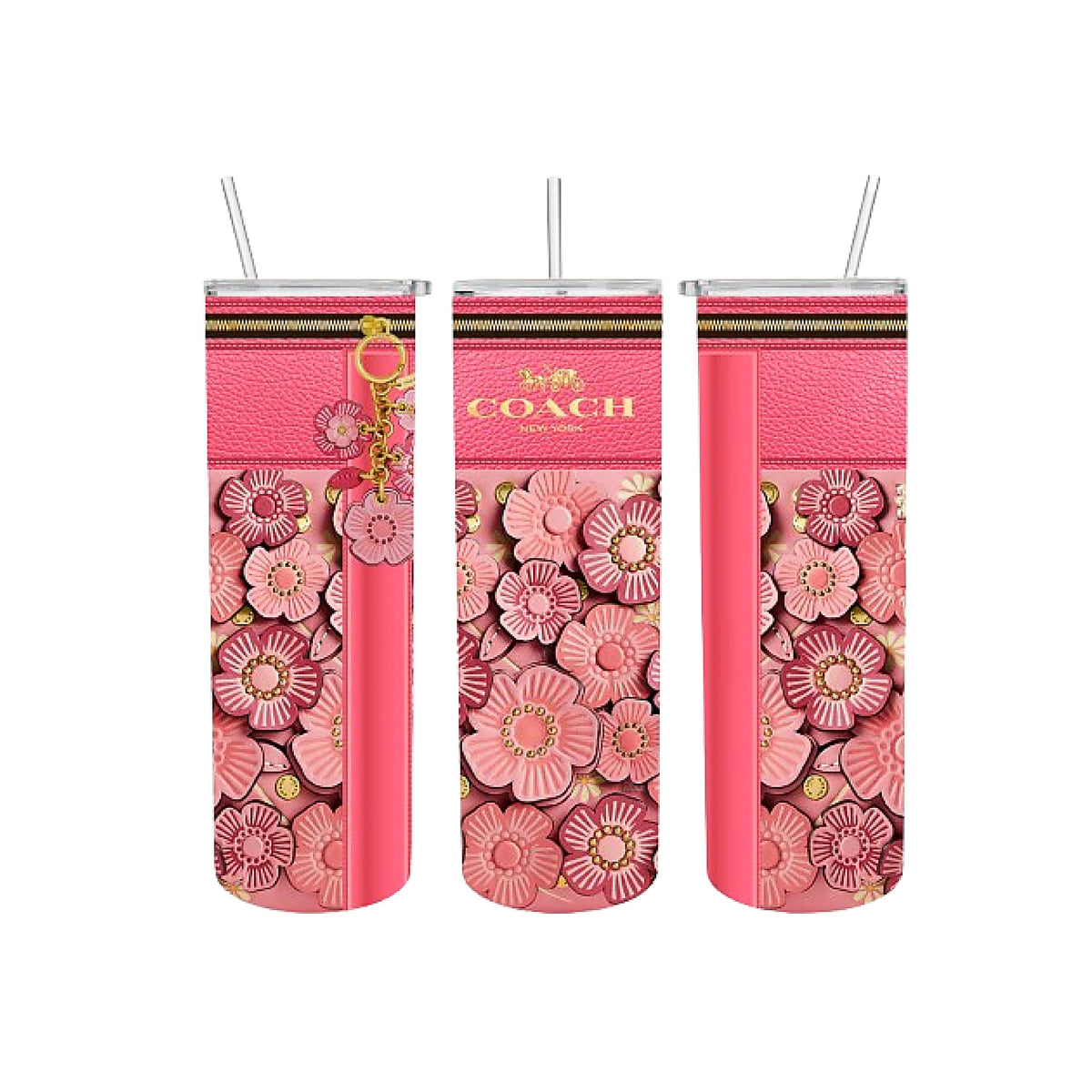 Tumbler Set: Pink Floral 2 piece Designer Inspired Insulated Tumbler and Reusable Lunch Tote/Bag