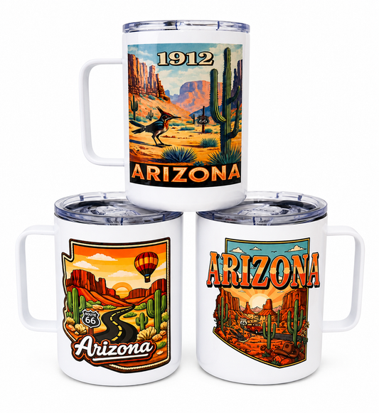 Insulated Travel Mug with Lid | Arizona Desert | Retro Southwest Coffee Mug | Route 66 Arizona