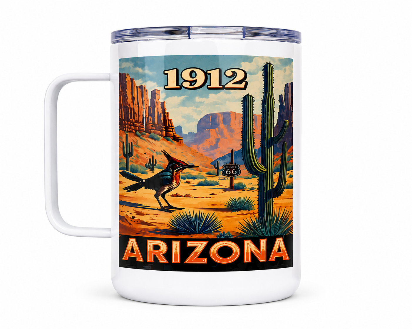 Insulated Travel Mug with Lid | Arizona Desert | Retro Southwest Coffee Mug | Route 66 Arizona
