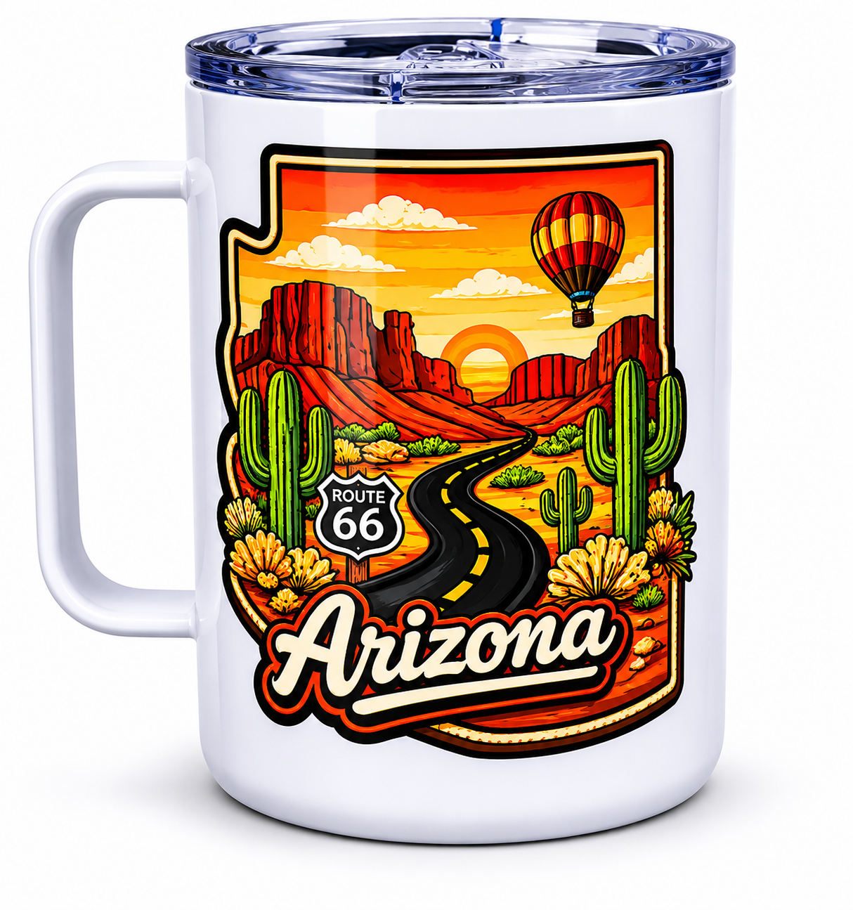 Insulated Travel Mug with Lid | Arizona Desert | Retro Southwest Coffee Mug | Route 66 Arizona