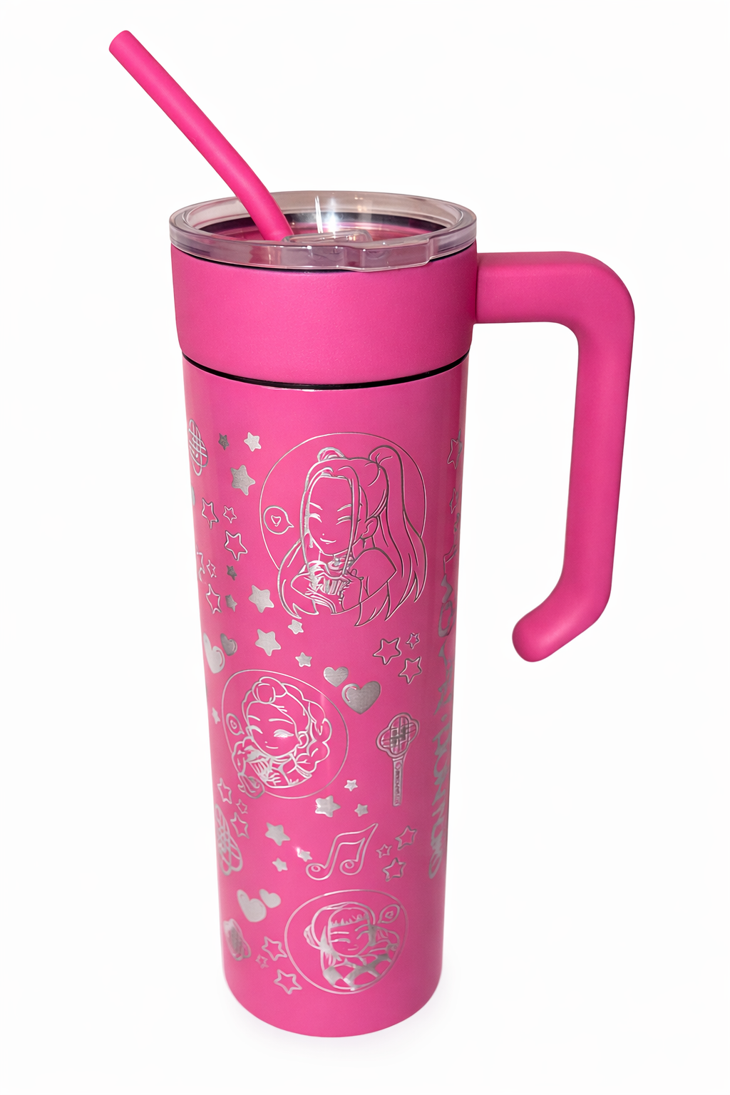 Tumbler: Pink K-Pop Girls Inspired 20oz Stainless Steel with Removable Handle | Silver Engraved Tumbler