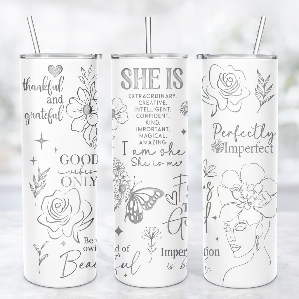 Tumbler: She Is Perfectly Imperfect – 20oz White Stainless Steel Engraved with Removable Handle