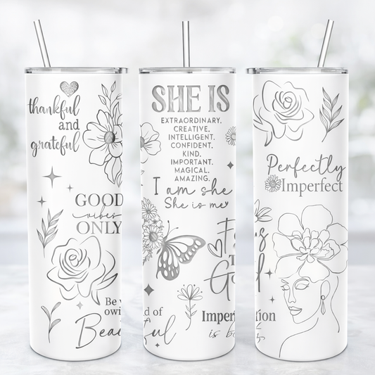 She Is Perfectly Imperfect – 20oz White Stainless Steel Engraved Tumbler