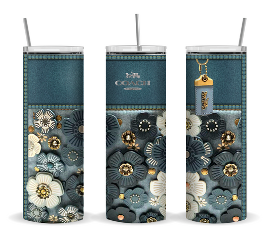 Tumbler: 20 oz Insulated Tumbler – Denim Floral Designer-Style Pattern