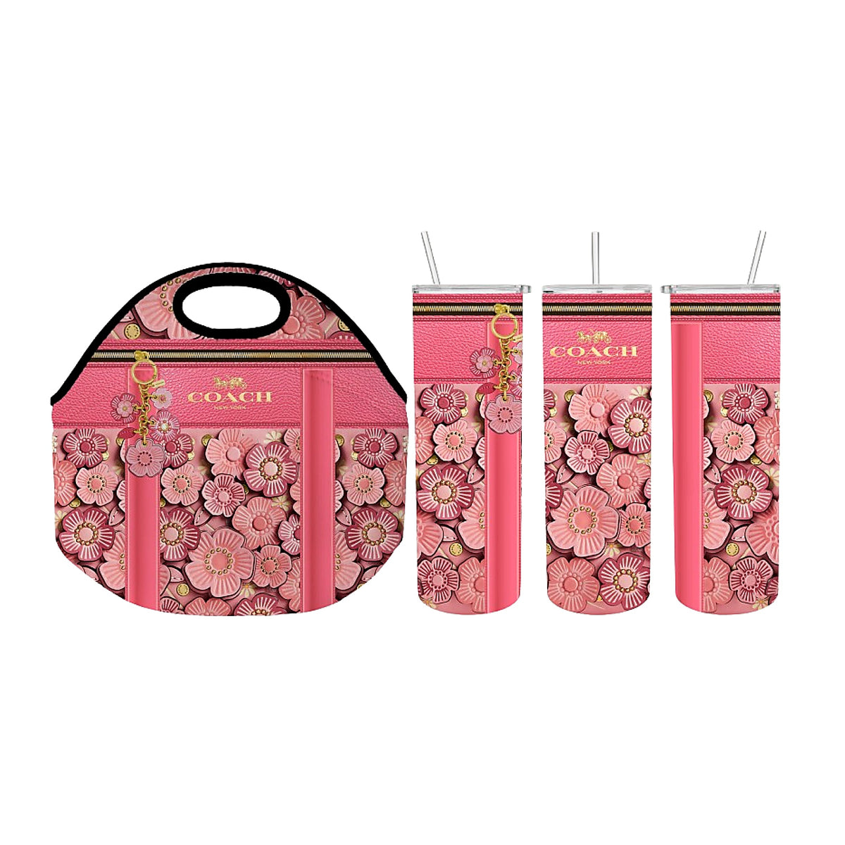 Tumbler Set: Pink Floral 2 piece Designer Inspired Insulated Tumbler and Reusable Lunch Tote/Bag