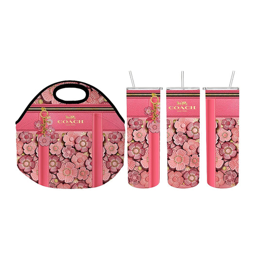 Tumbler Set: Pink Floral 2 piece Designer Inspired Insulated Tumbler and Reusable Lunch Tote/Bag