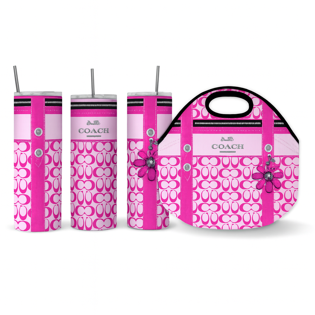 Tumbler Set: Hot Pink 2 piece Designer Inspired Insulated Tumbler and Reusable Lunch Tote/Bag (Copy)