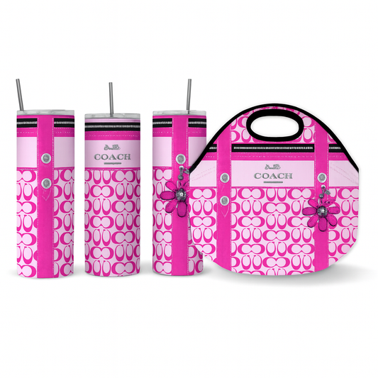 Tumbler Set: Hot Pink 2 piece Designer Inspired Insulated Tumbler and Reusable Lunch Tote/Bag (Copy)