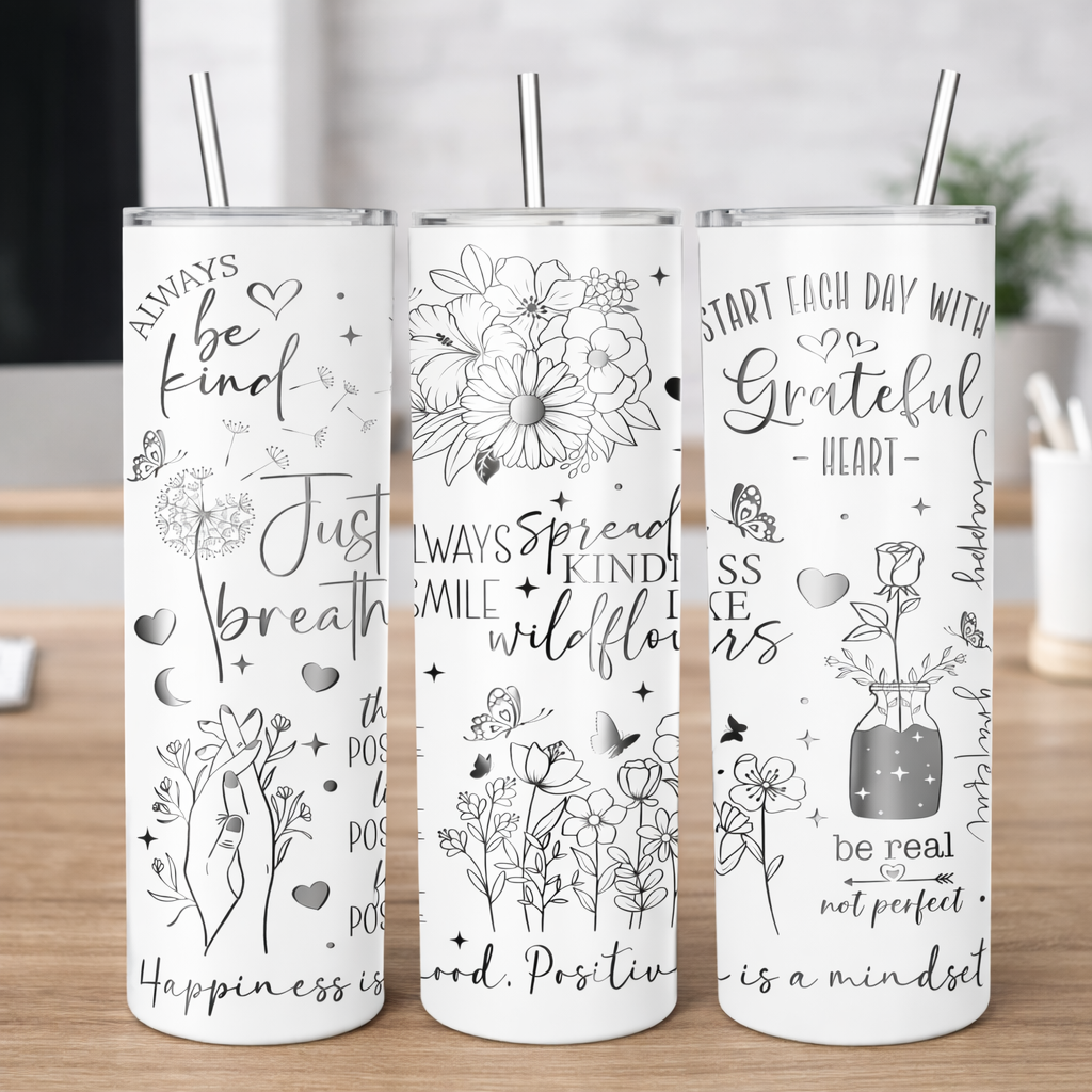 Tumbler: Gratfeul Heart – 20oz White Stainless Steel Engraved with Removable Handle