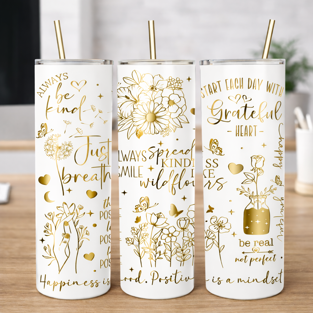 Tumbler: Gratfeul Heart – 20oz White Stainless Steel Engraved with Removable Handle