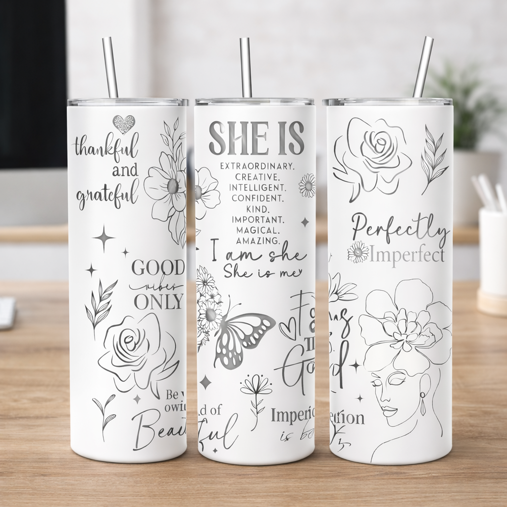 Tumbler: She Is Perfectly Imperfect – 20oz White Stainless Steel Engraved with Removable Handle