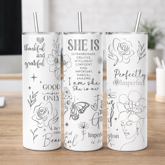 Tumbler: She Is Perfectly Imperfect – 20oz White Stainless Steel Engraved with Removable Handle