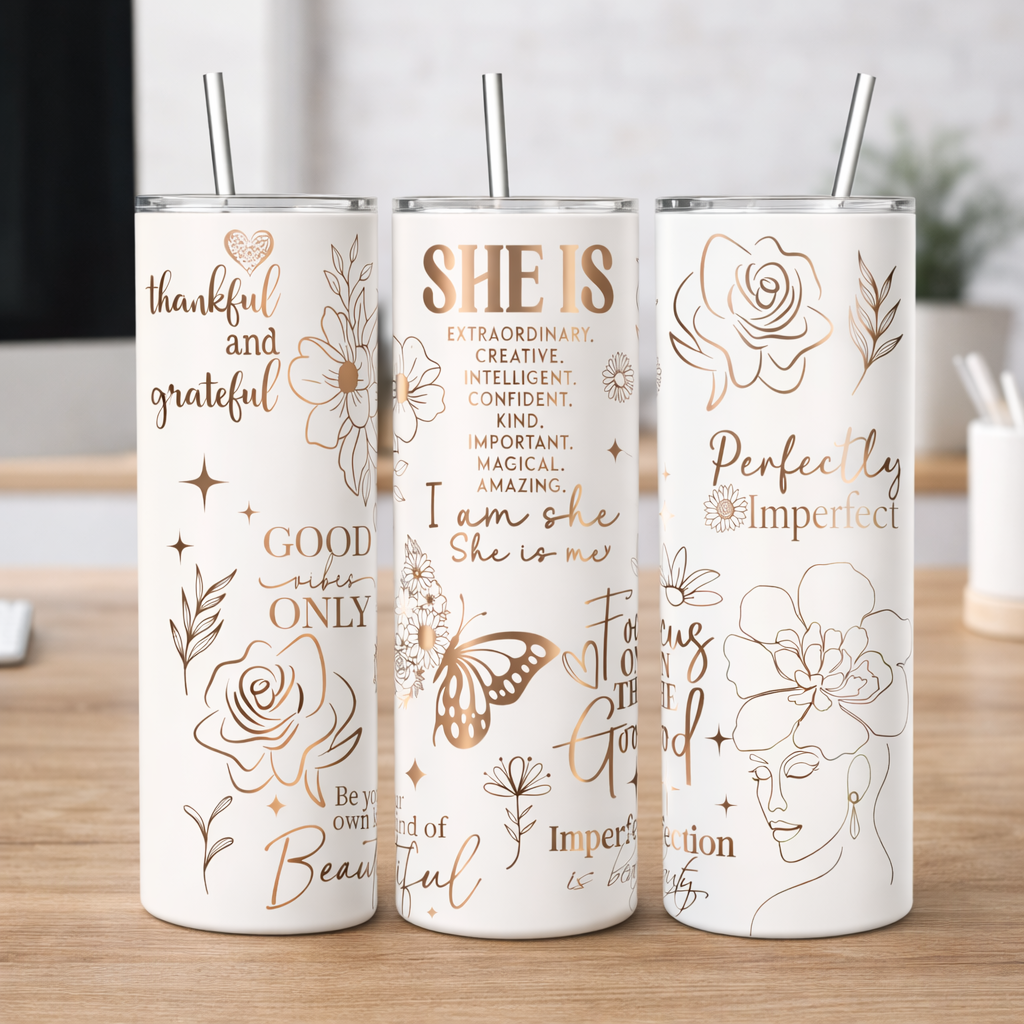 Tumbler: She Is Perfectly Imperfect – 20oz White Stainless Steel Engraved with Removable Handle